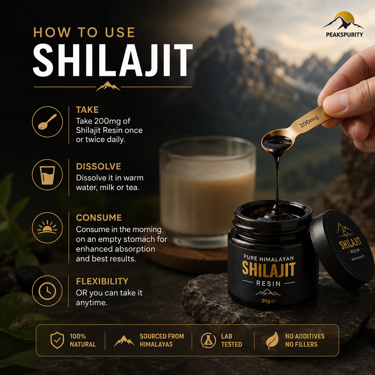 PEAKSPURITY Shilajit Resin jar with natural Himalayan backdrop