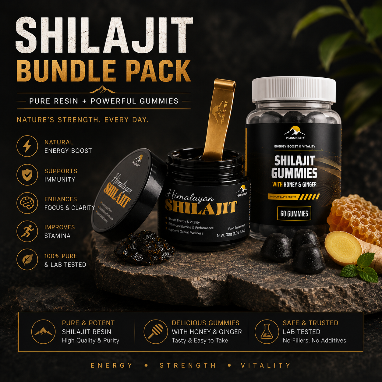 PEAKSPURITY Shilajit Gummies jar included in the Starter Bundle