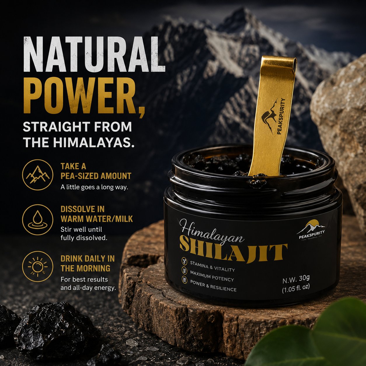 Pea-sized amount of PEAKSPURITY Shilajit Resin on a spoon