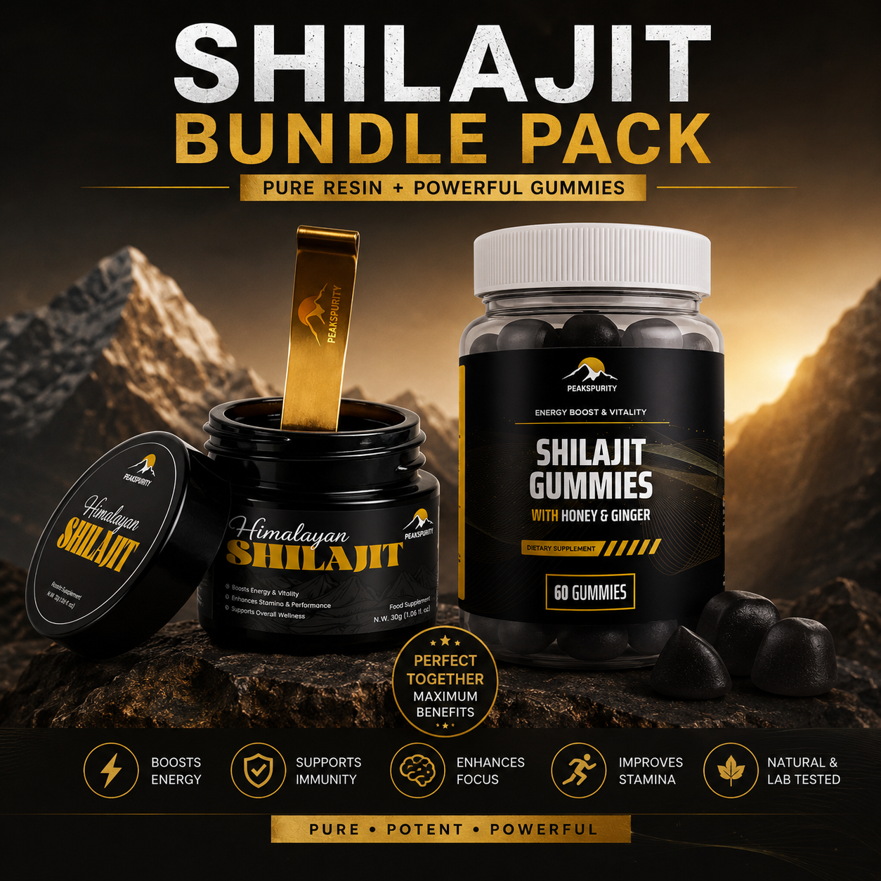 PEAKSPURITY Shilajit Starter Bundle box with Resin and Gummies jars