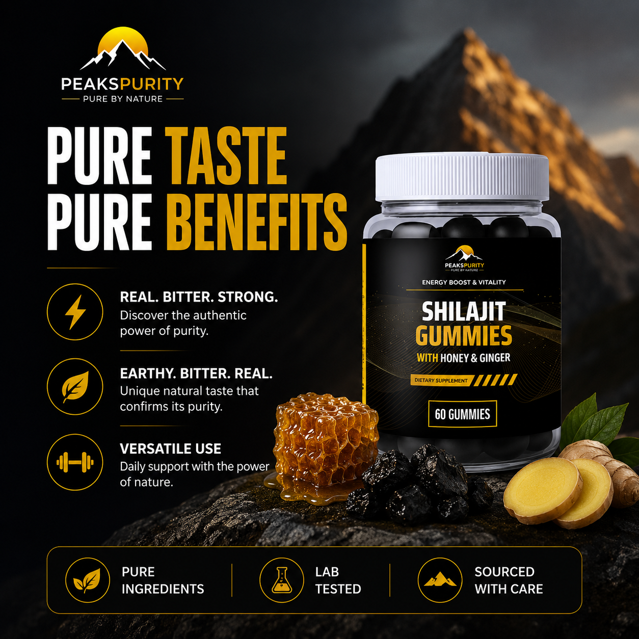 PEAKSPURITY Shilajit Gummies scattered beside the jar