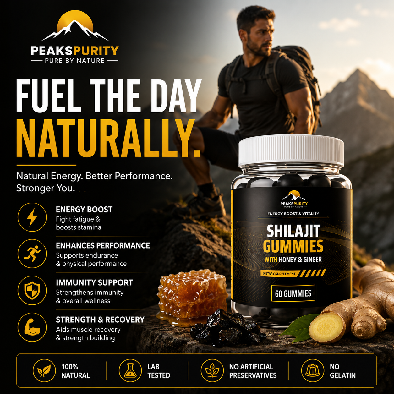 Single PEAKSPURITY Shilajit Gummy held between two fingers
