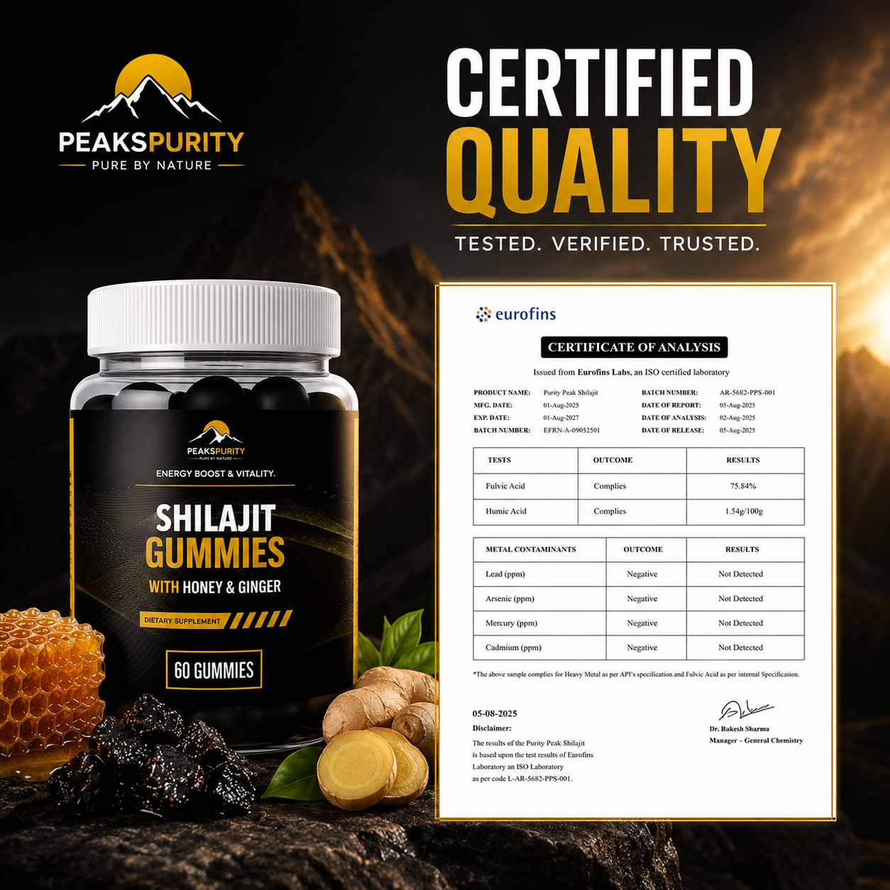 Lab test certificate for PEAKSPURITY Shilajit Gummies purity and safety