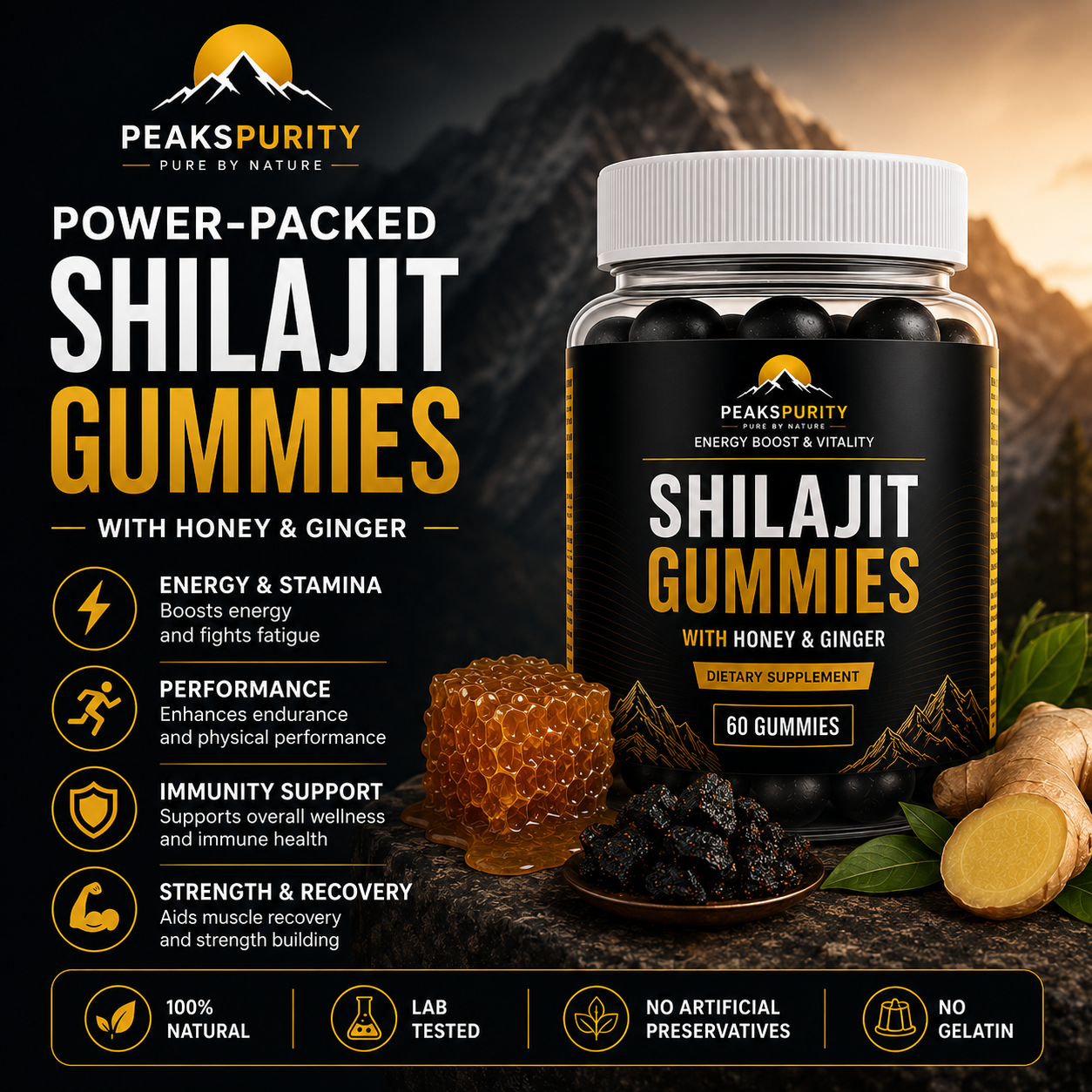 PEAKSPURITY Shilajit Gummies jar with brand packaging and label