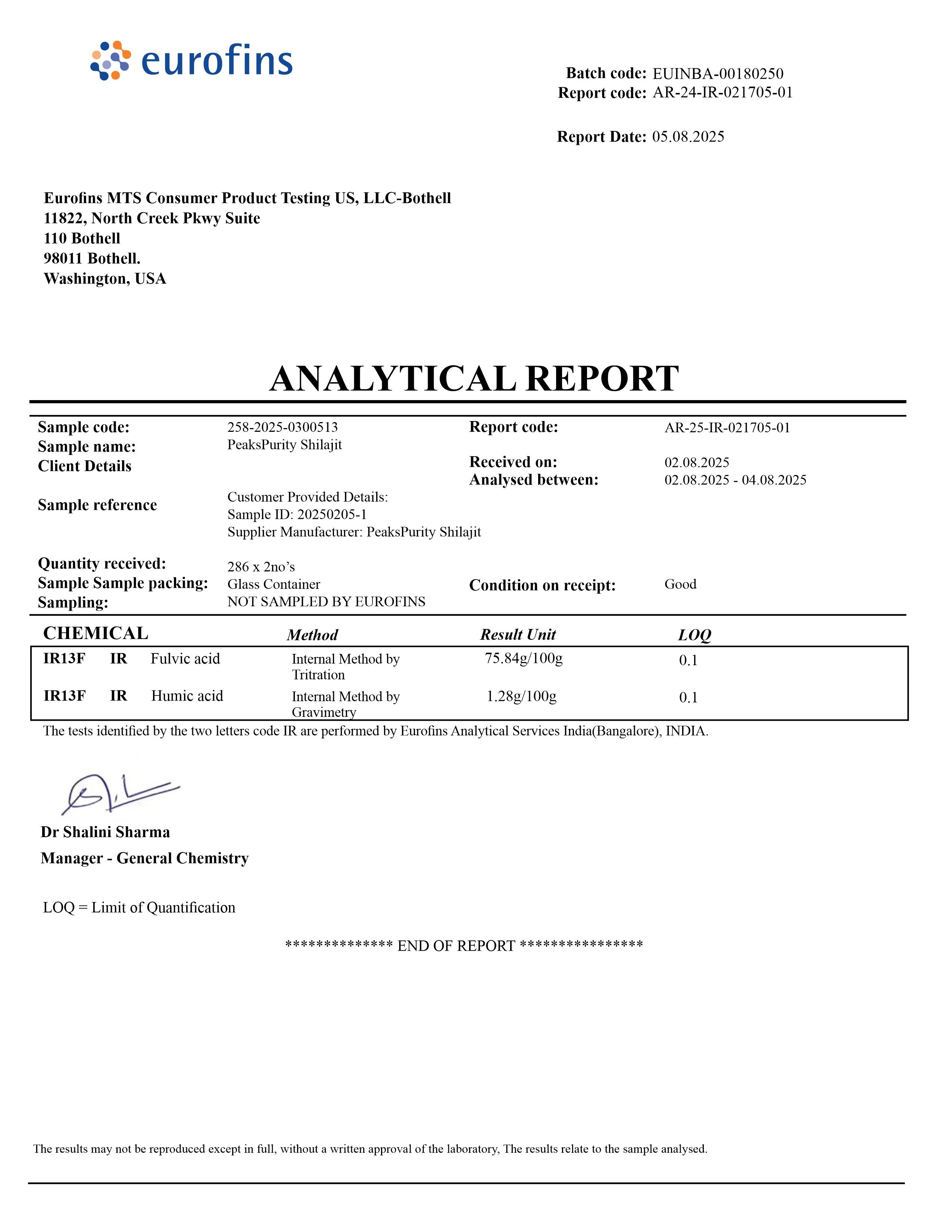 Analytical report from Eurofins with test details and results.